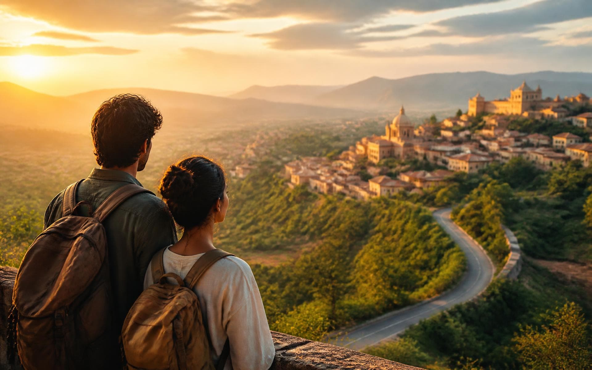 Travellers overlooking a heritage Indian town at golden hour