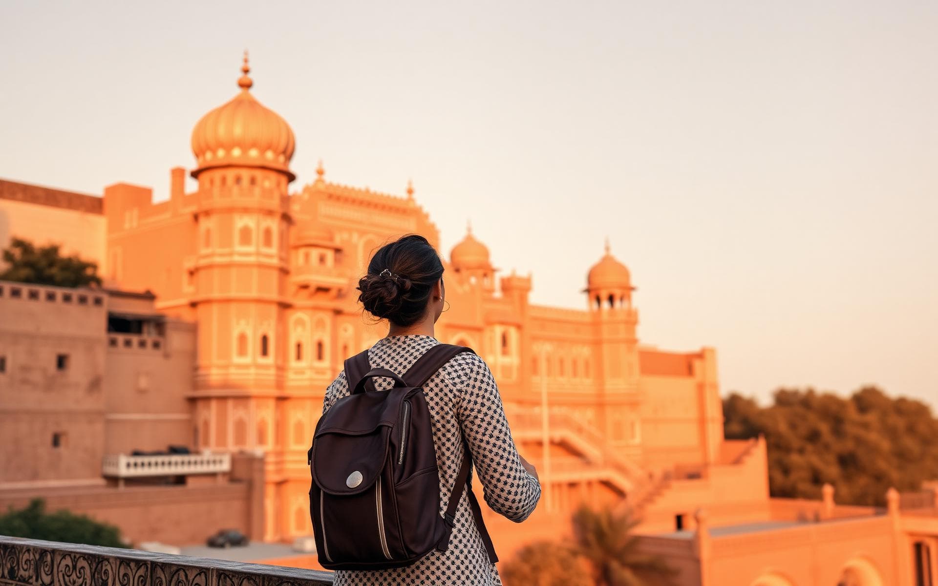 Traveller admiring Rajasthani architecture at sunrise